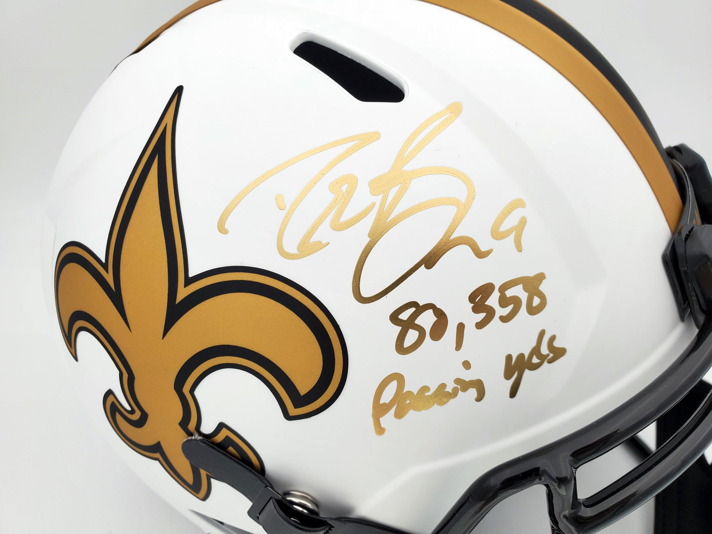 Drew Brees Autographed New Orleans Saints Lunar Eclipse White Full Size Replica Speed Helmet "80,358 Passing Yds" Beckett BAS Stock #193499