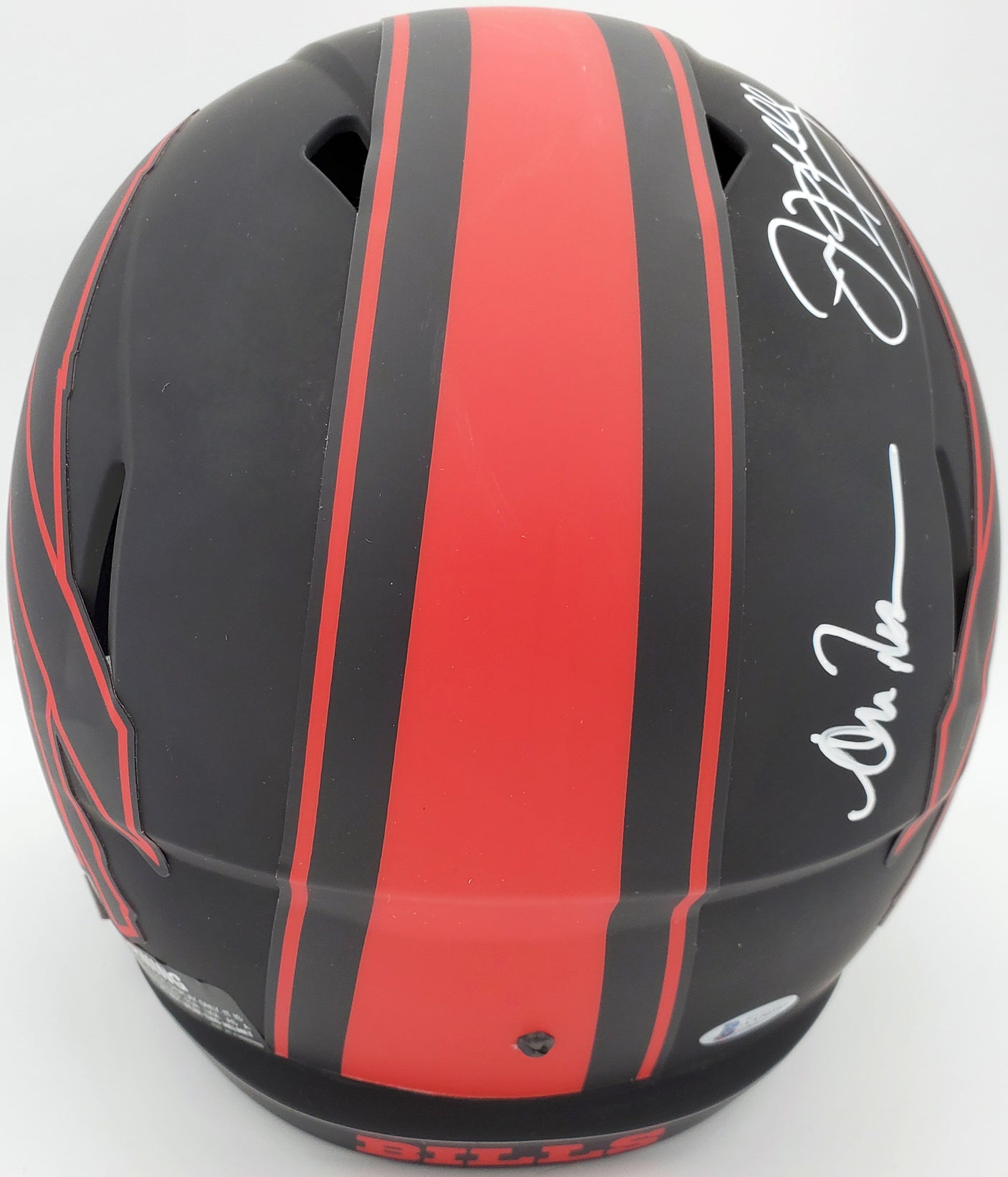 Buffalo Bills Team Greats Autographed Eclipse Black Speed Replica Full Size Helmet With 3 Signatures Including Jim Kelly, Thurman Thomas & Andre Reed Beckett BAS Stock #185864