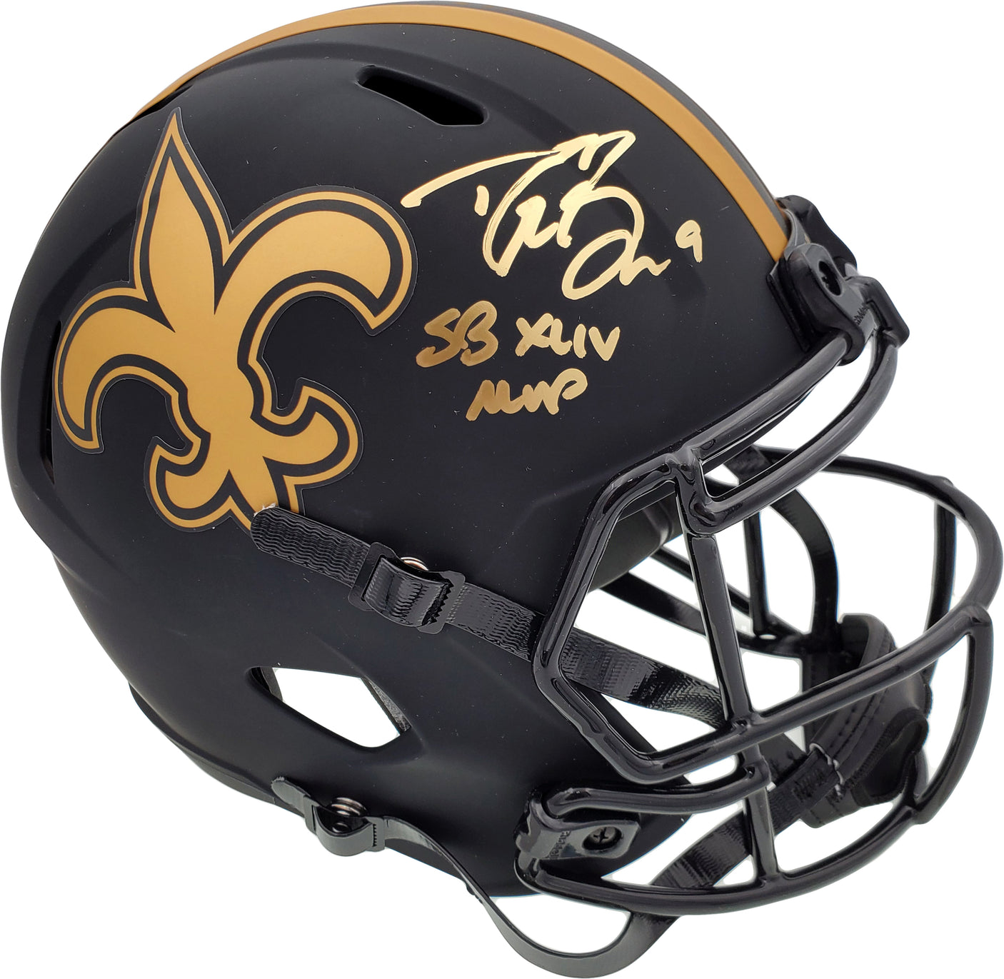 Drew Brees Autographed New Orleans Saints Black Eclipse Full Size Speed Replica Helmet "SB XLIV MVP" Beckett BAS Stock #185737