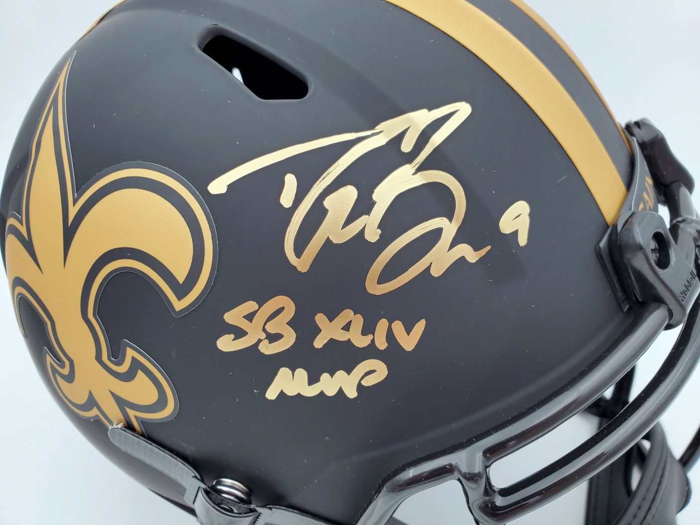Drew Brees Autographed New Orleans Saints Black Eclipse Full Size Speed Replica Helmet "SB XLIV MVP" Beckett BAS Stock #185737