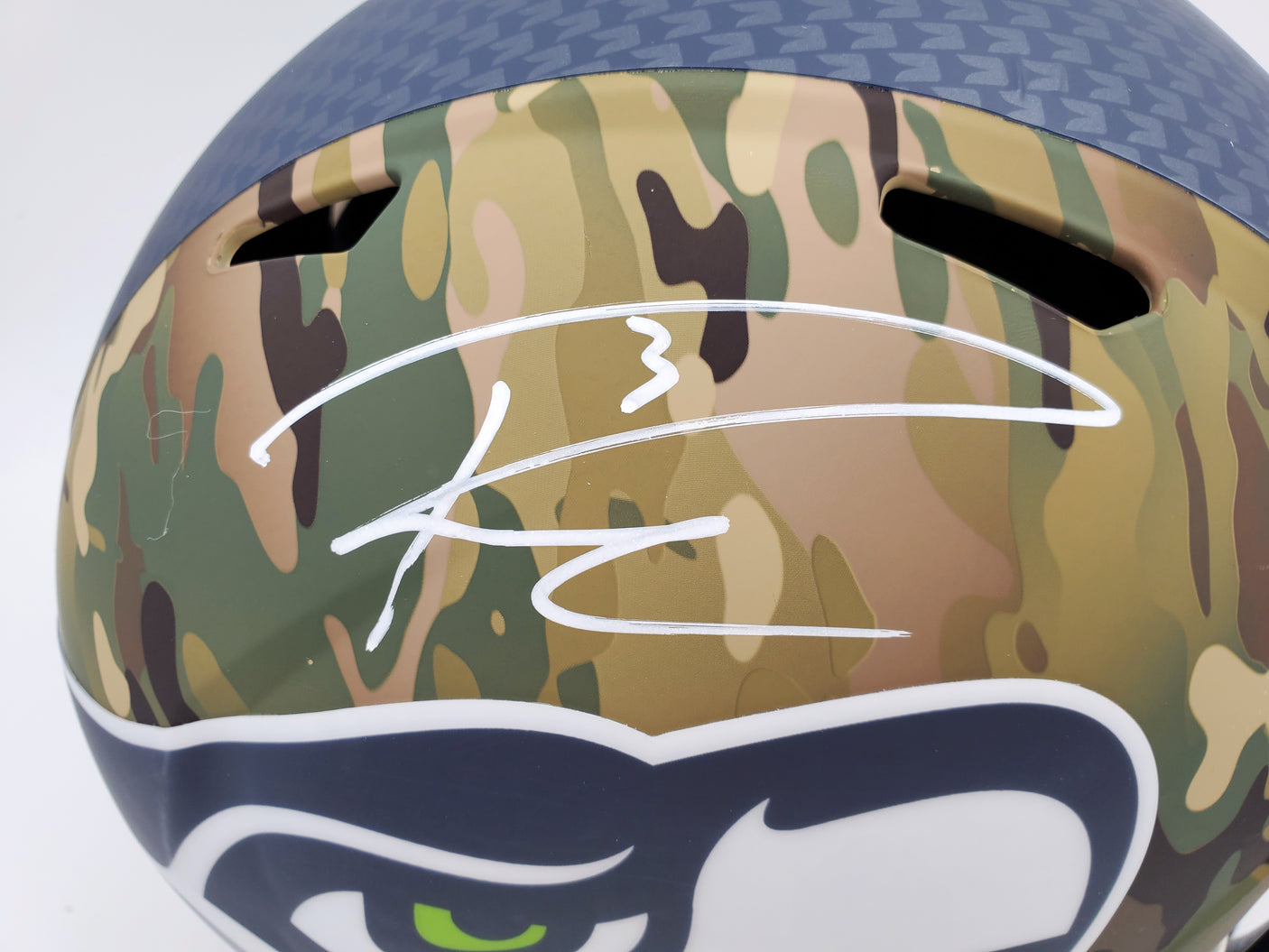 Russell Wilson Autographed Seattle Seahawks Camo Full Size Replica Speed Helmet RW Holo & Beckett BAS Stock #182232
