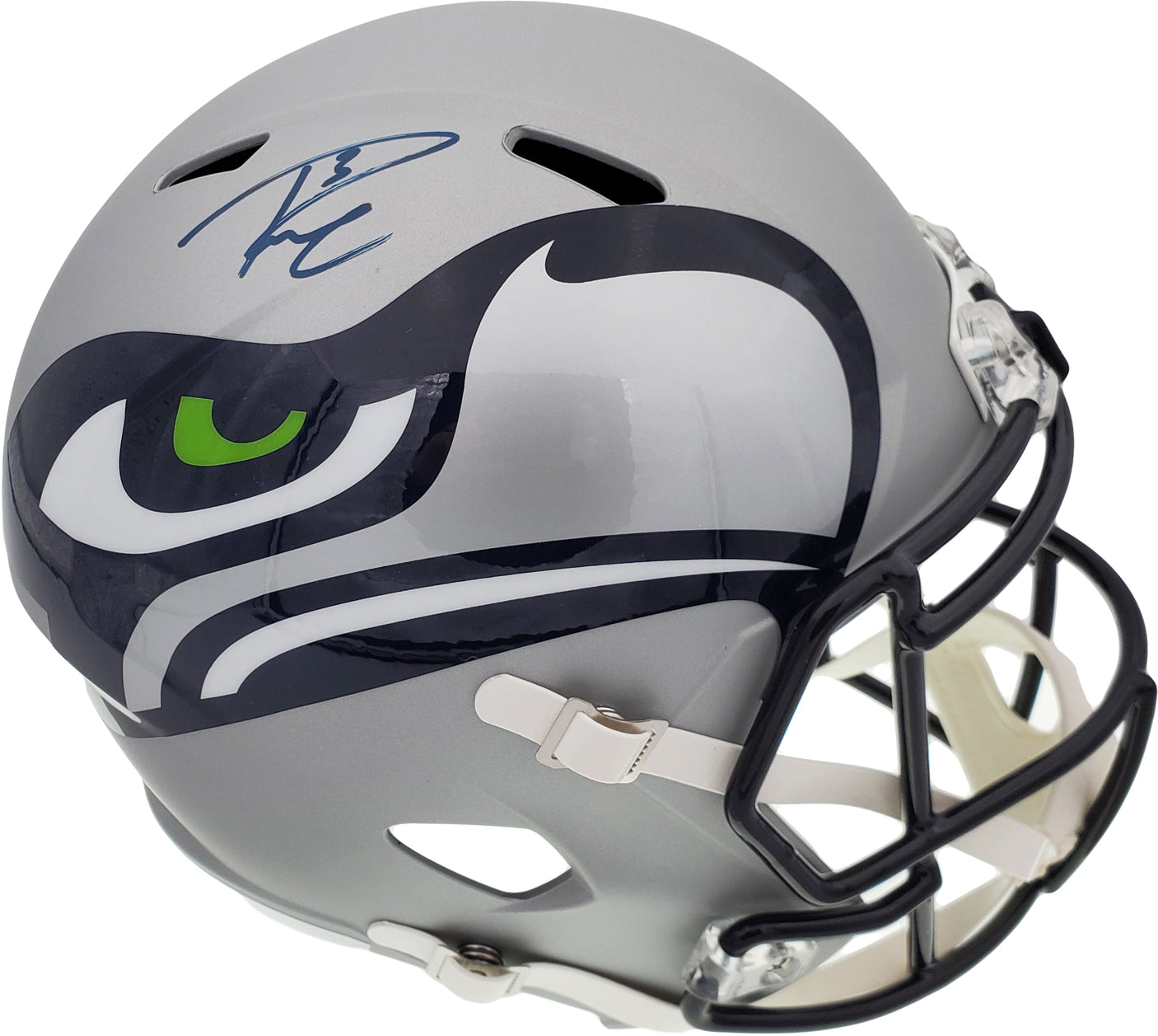 Russell Wilson Autographed Seattle Seahawks Gray AMP Full Size Speed Replica Helmet In Blue RW Holo Stock #159113