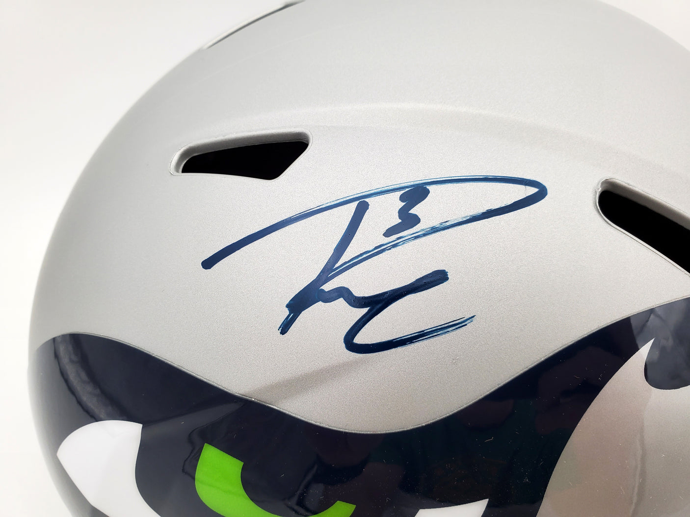 Russell Wilson Autographed Seattle Seahawks Gray AMP Full Size Speed Replica Helmet In Blue RW Holo Stock #159113