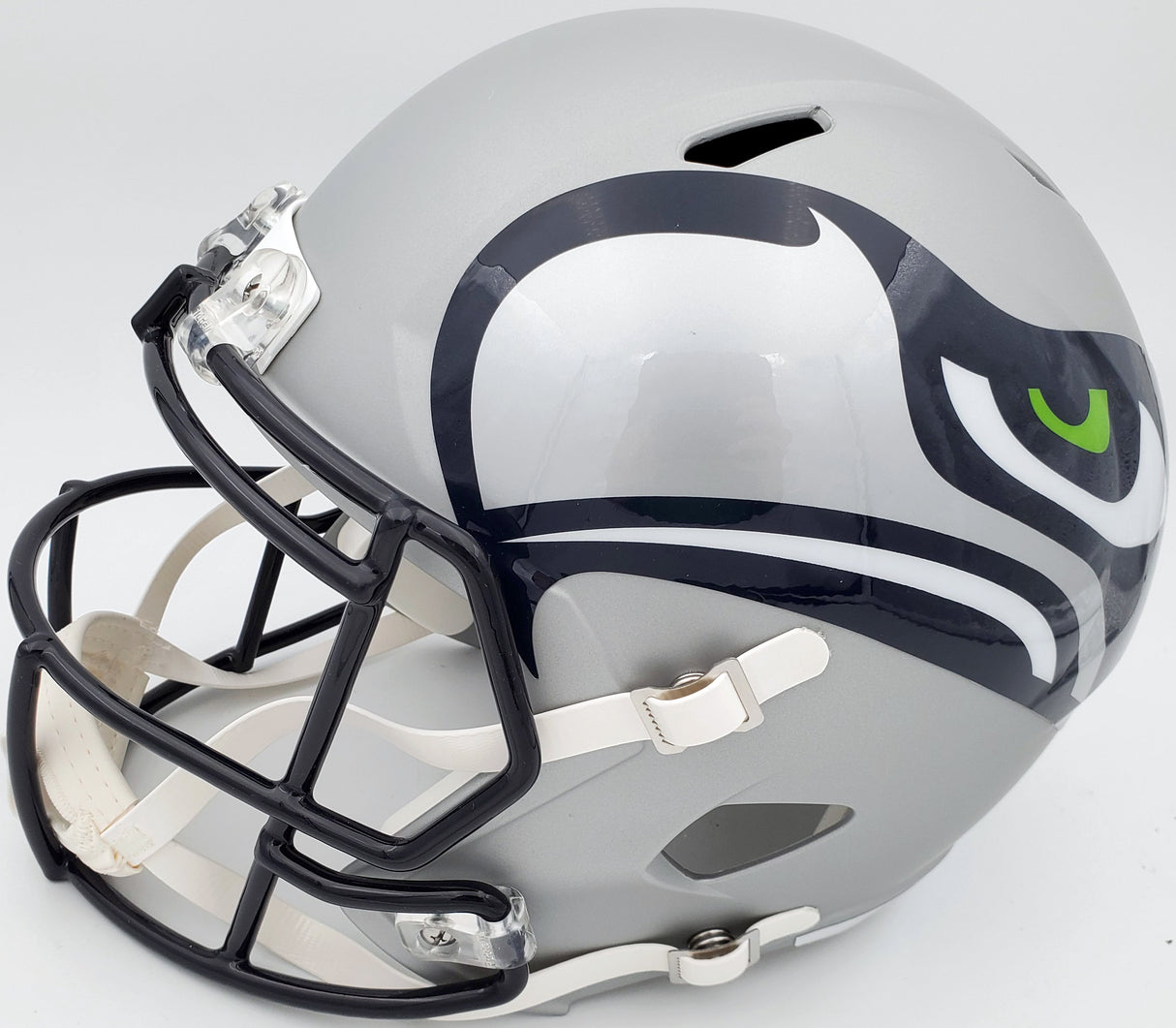 Russell Wilson Autographed Seattle Seahawks Gray AMP Full Size Speed Replica Helmet In Blue RW Holo Stock #159113
