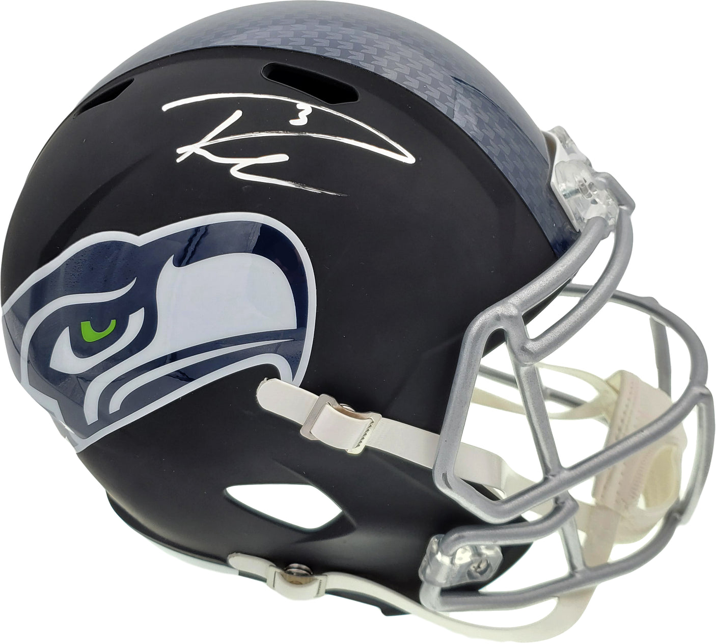 Russell Wilson Autographed Seattle Seahawks Matte Black Speed Full Size Replica Helmet In Silver RW Holo Stock #145782