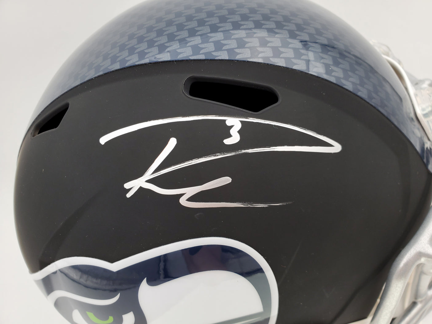 Russell Wilson Autographed Seattle Seahawks Matte Black Speed Full Size Replica Helmet In Silver RW Holo Stock #145782