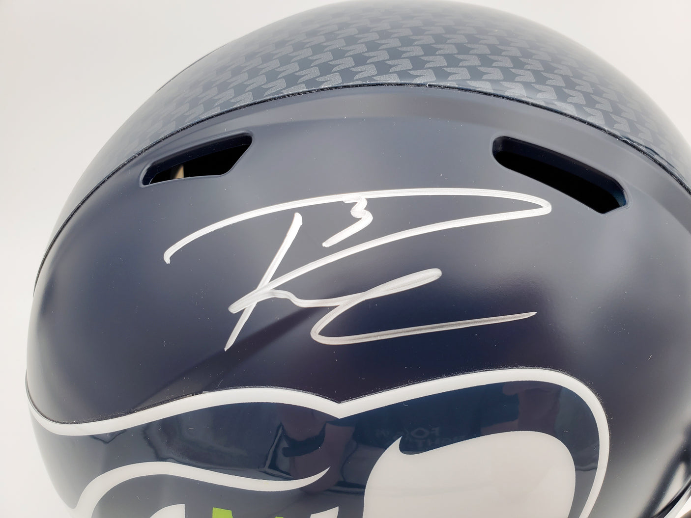 Russell Wilson Autographed Seattle Seahawks Speed Full Size Helmet In Silver RW Holo Stock #113611