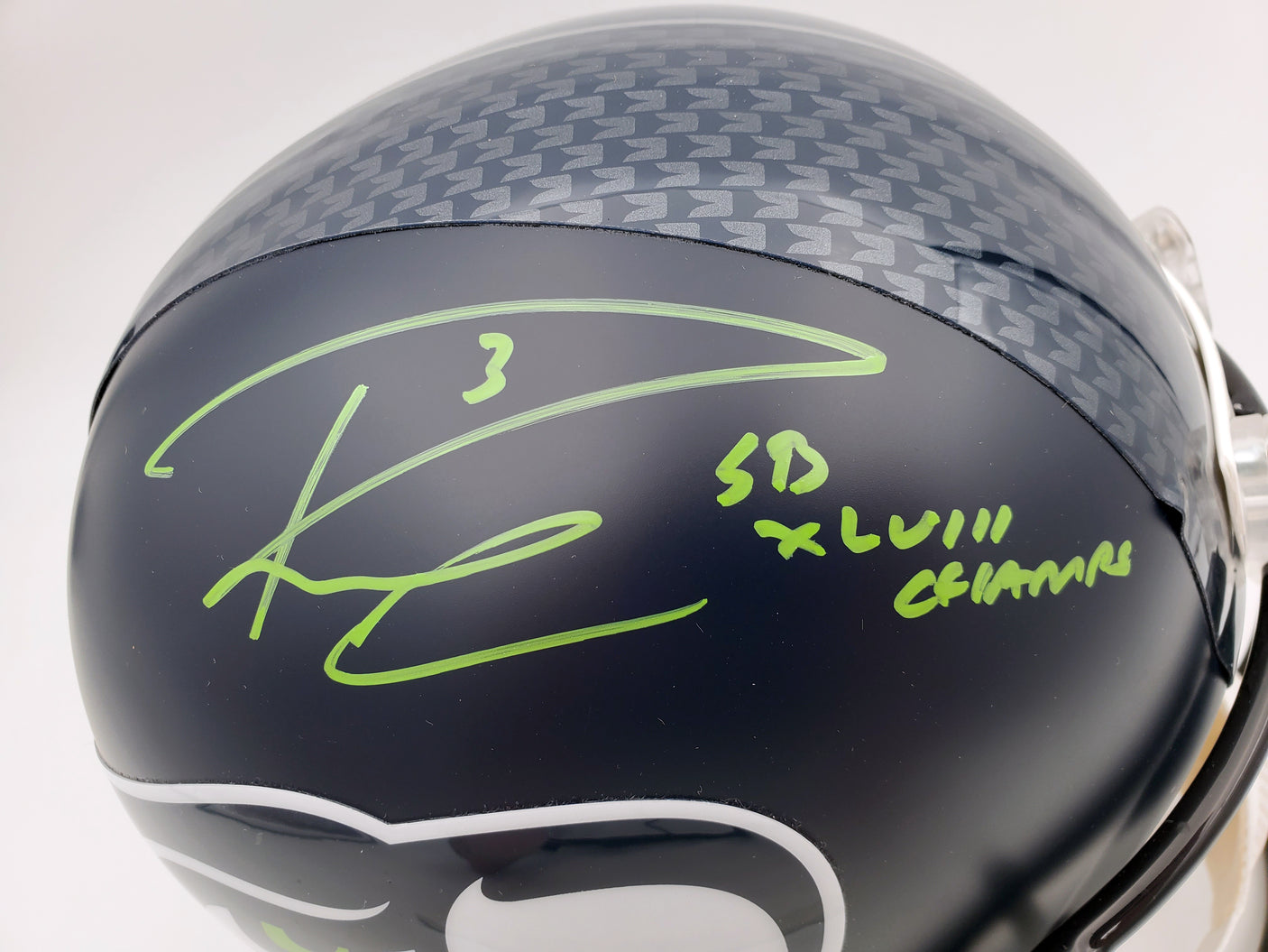 Russell Wilson Autographed Seattle Seahawks Full Size Replica Helmet "SB XLVIII Champs" In Green RW Holo Stock #72372
