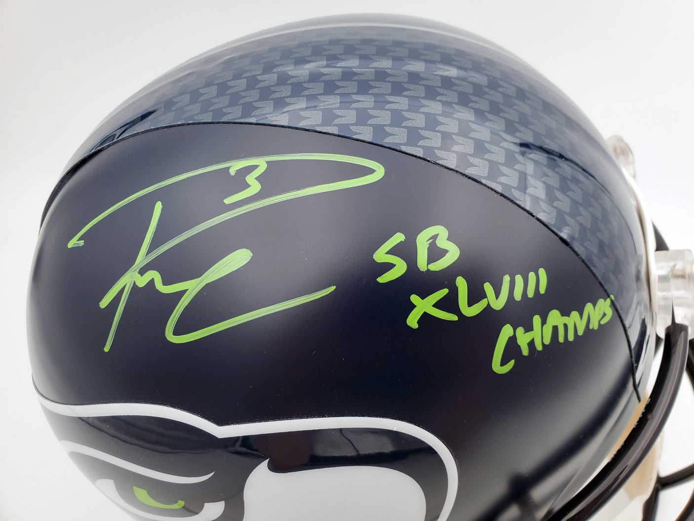 Russell Wilson Autographed Seattle Seahawks Super Bowl Full Size Replica Helmet "SB XLVIII Champs" In Green RW Holo Stock #72350