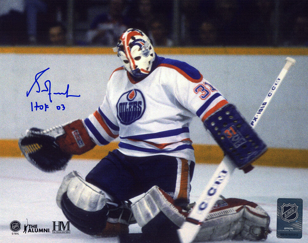 Grant Fuhr Signed Edmonton Oilers White Jersey Goalie Action 8x10 Photo w/HOF'03