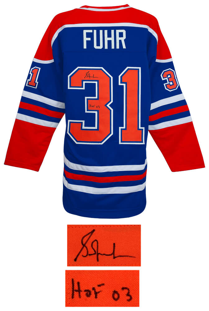 Grant Fuhr Signed Blue Throwback Custom Hockey Jersey w/HOF'03