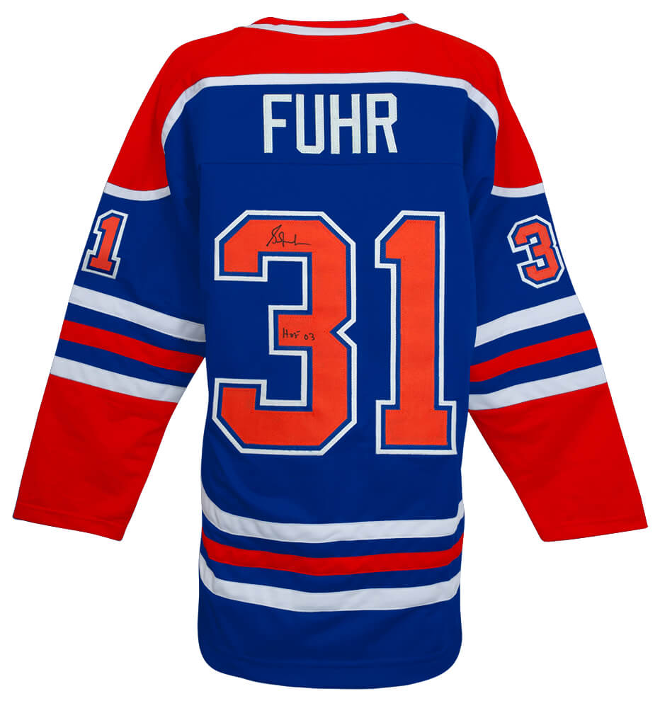 Grant Fuhr Signed Blue Throwback Custom Hockey Jersey w/HOF'03