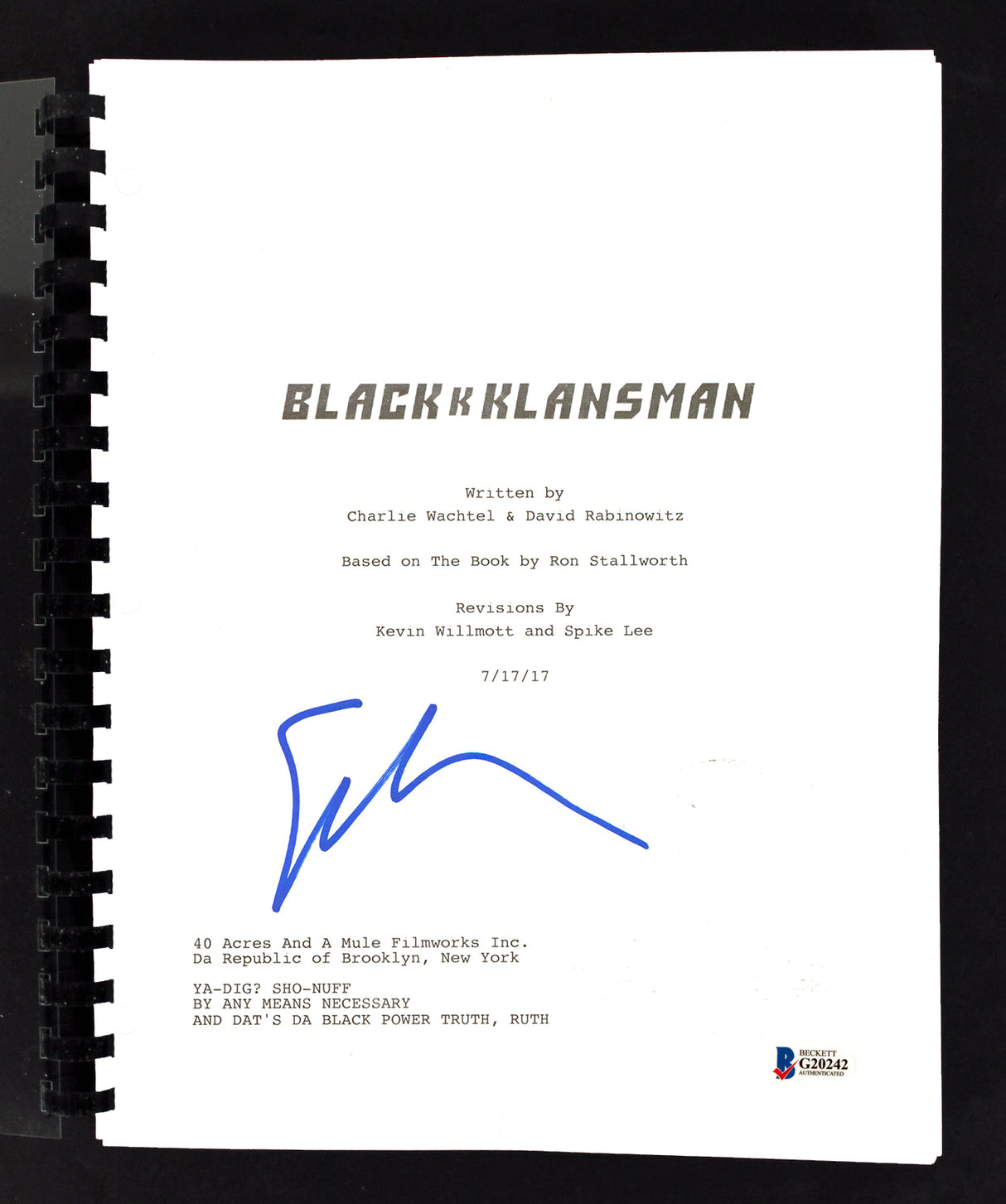 Spike Lee BlacKkKlansman Authentic Signed Movie Script Autographed BAS #G20242
