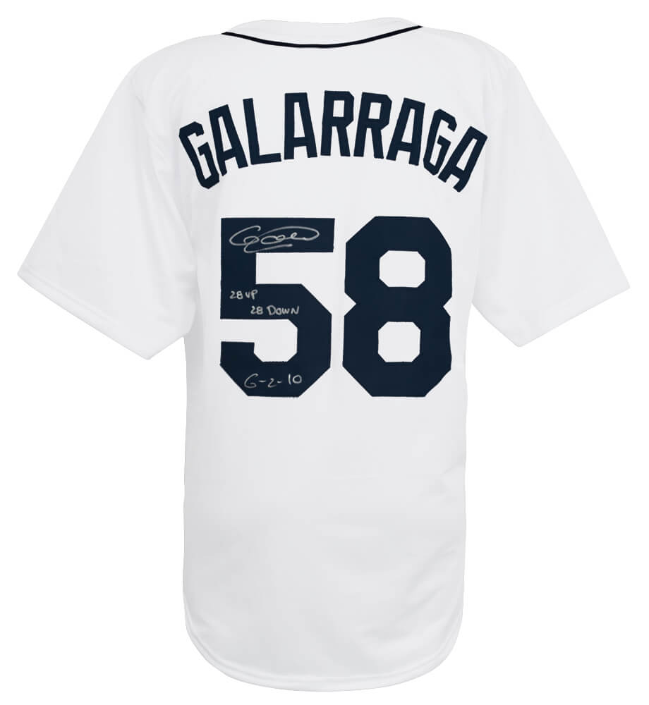 Armando Galarraga Signed White Custom Baseball Jersey w/28 Up 28 Down 6-2-10