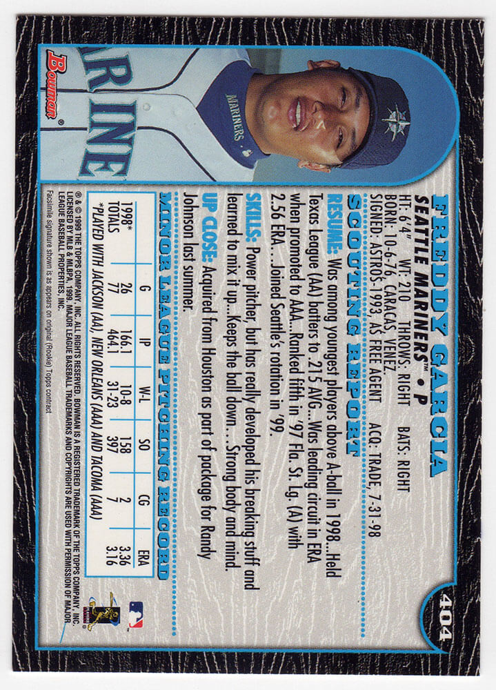 Freddy Garcia Signed Seattle Mariners 1999 Bowman Rookie Baseball Trading Card #404