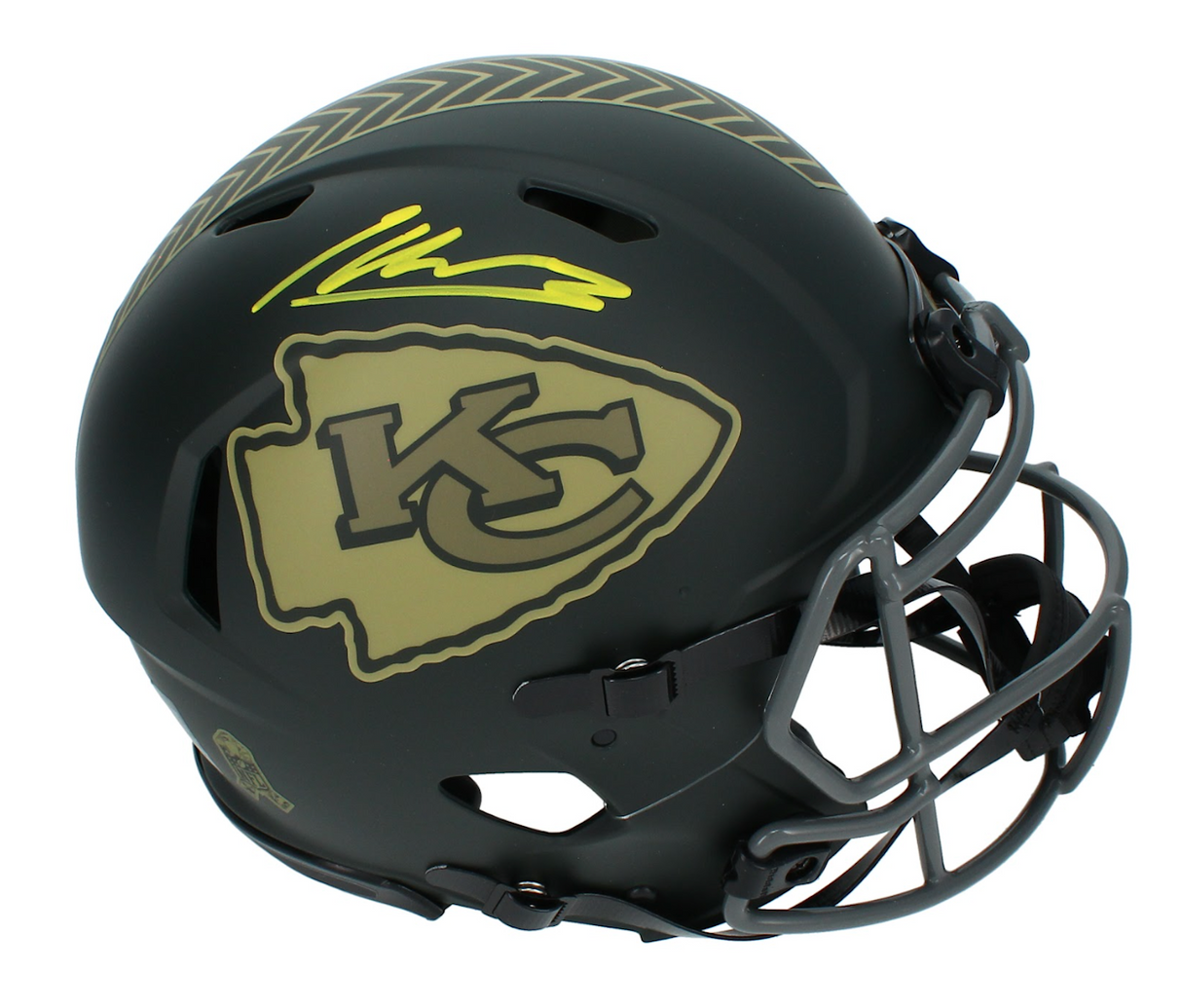 Kenneth Walker III Autographed (in Yellow) Kansas City Chiefs 2025 Salute to Service Speed Authentic Helmet Beckett Witnessed