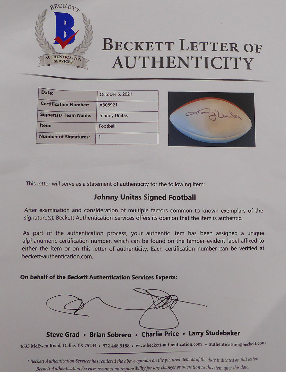Johnny Unitas Autographed White Panel Football Baltimore Colts Beckett BAS #AB08921