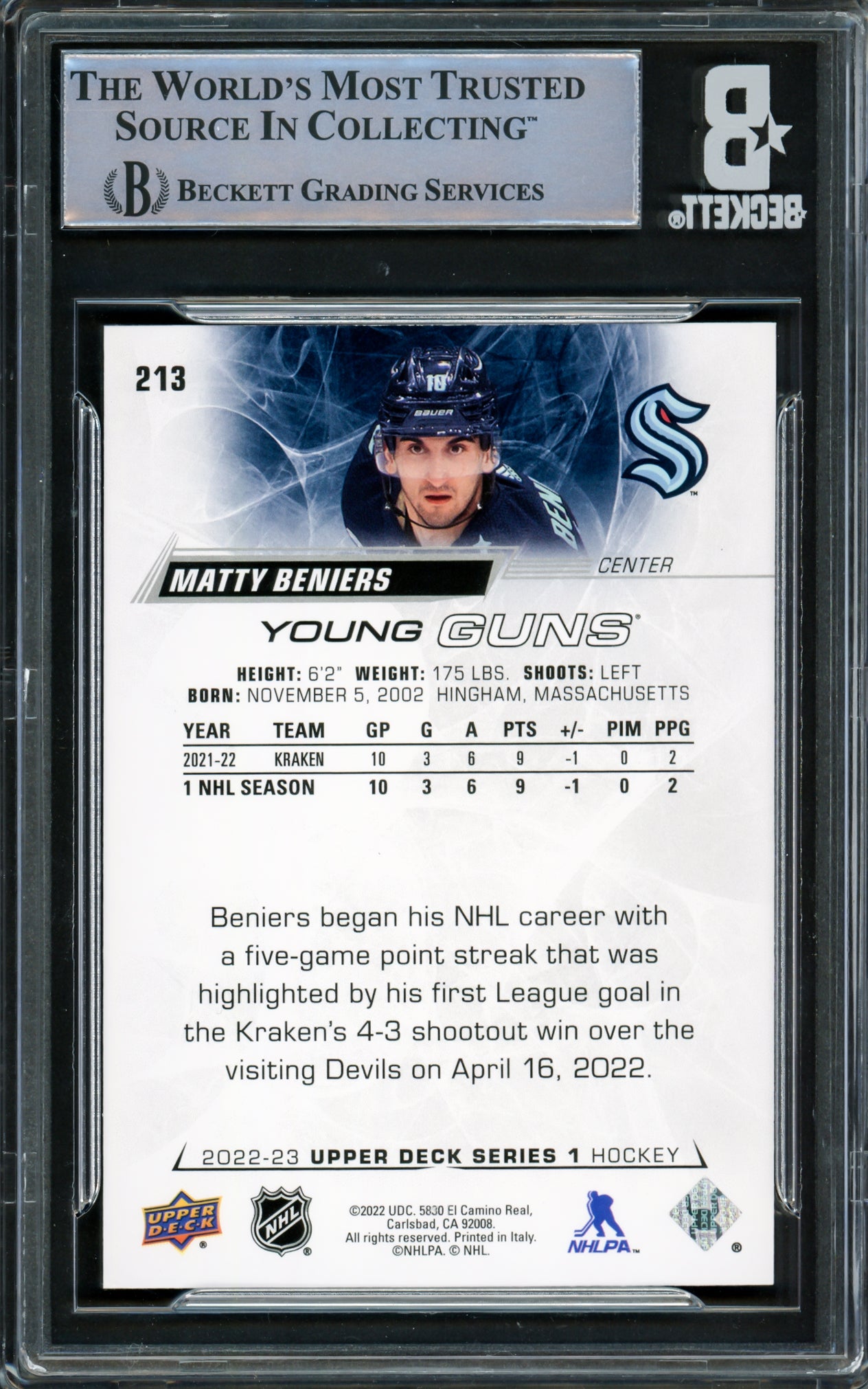 Matty Beniers Autographed 2022 Upper Deck Young Guns Rookie Card #213 Seattle Kraken Beckett BAS #16545466