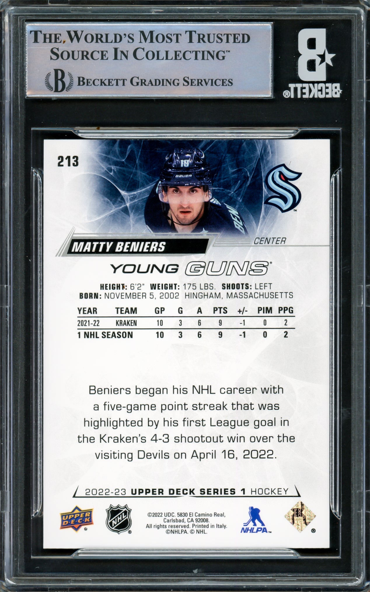 Matty Beniers Autographed 2022 Upper Deck Young Guns Rookie Card #213 Seattle Kraken Beckett BAS #16545461