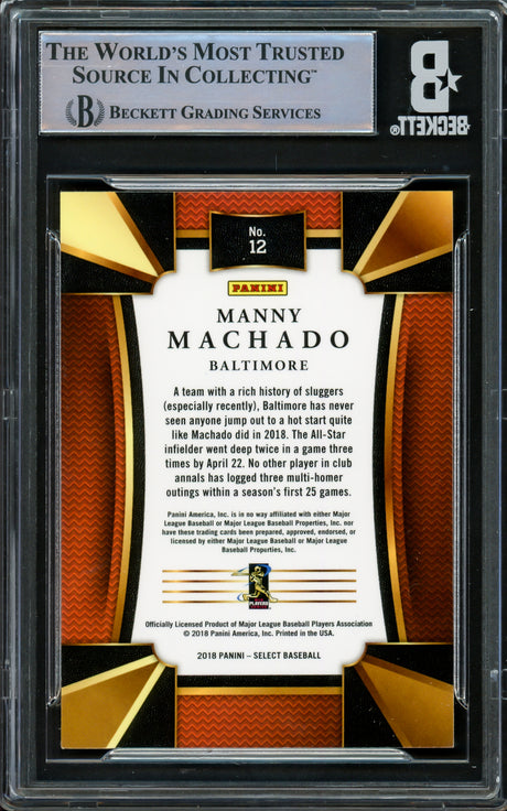 Manny Machado Autographed 2016 Panini Select Card #12 Baltimore Orioles Beckett BAS #16545582