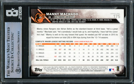 Manny Machado Autographed 2016 Topps Card #175 Baltimore Orioles Beckett BAS #16545587