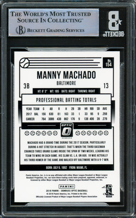 Manny Machado Autographed 2018 Donruss Optic Card #154 Baltimore Orioles Beckett BAS #16545593