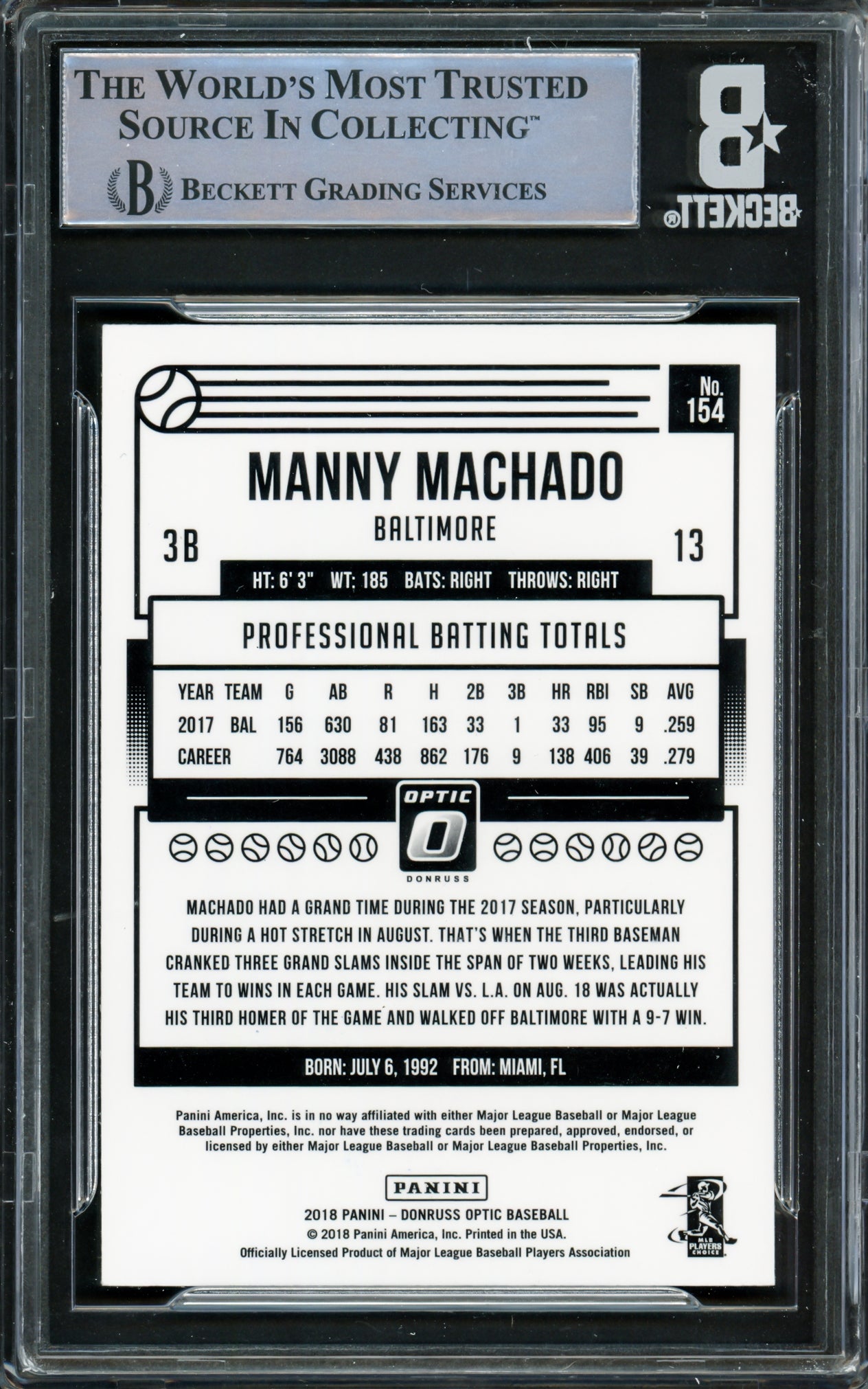Manny Machado Autographed 2018 Donruss Optic Card #154 Baltimore Orioles Beckett BAS #16545601