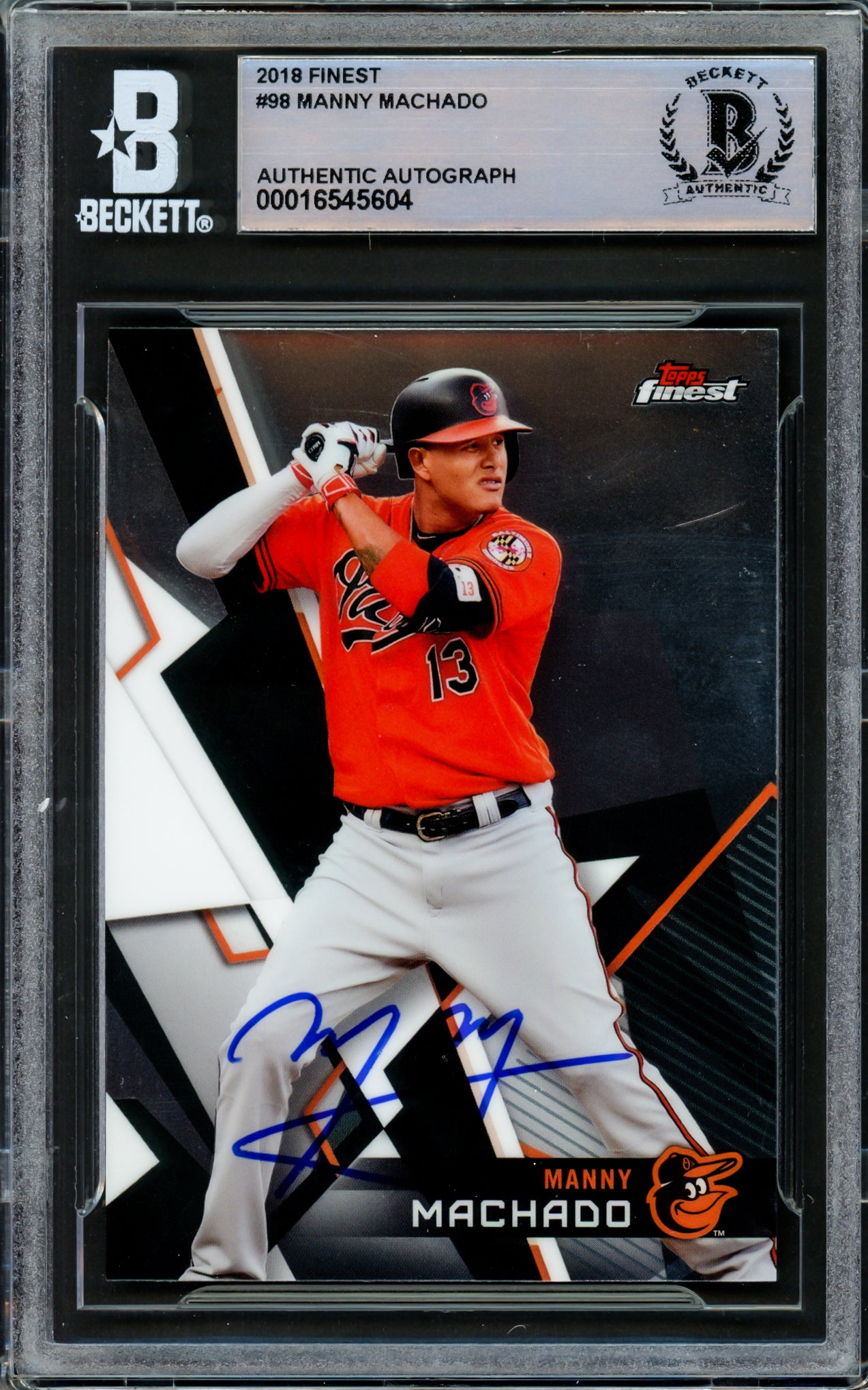 Manny Machado Autographed 2018 Topps Finest Card #98 Baltimore Orioles Beckett BAS #16545604