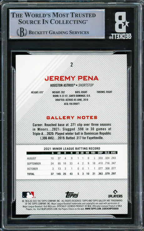 Jeremy Pena Autographed 2022 Topps Gallery Rookie Card #2 Houston Astros Beckett BAS #16545683