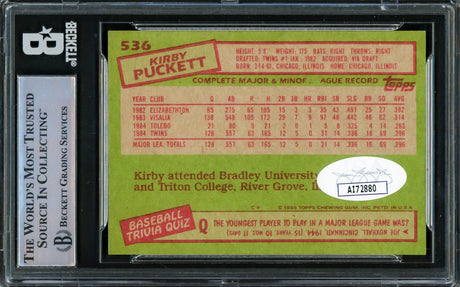 Kirby Puckett Autographed 1985 Topps Rookie Card #536 Minnesota Twins Beckett BAS #16545713