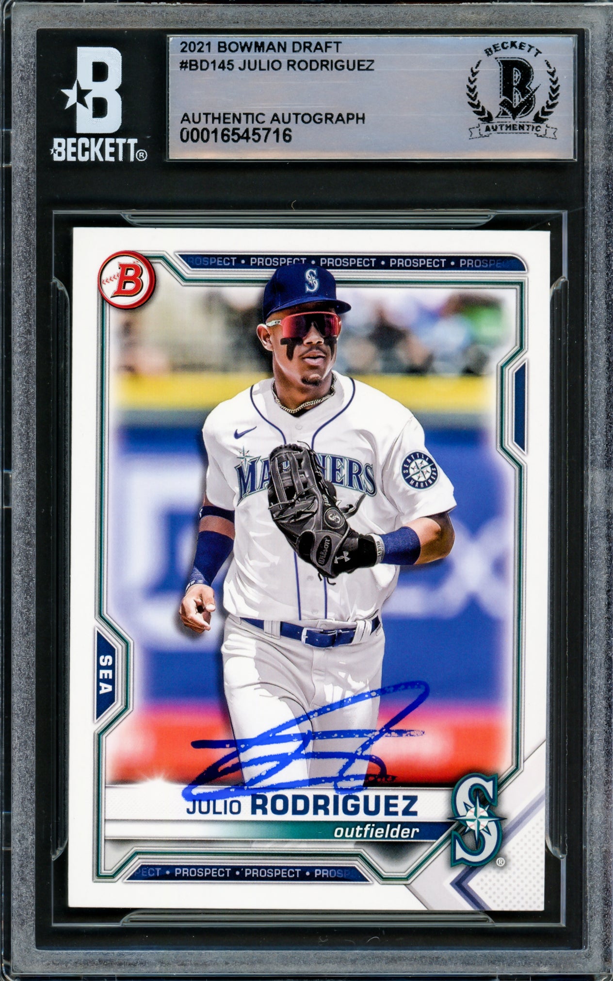 Julio Rodriguez Autographed 2021 Bowman Draft Card #BD145 Seattle Mariners Beckett BAS #16545716