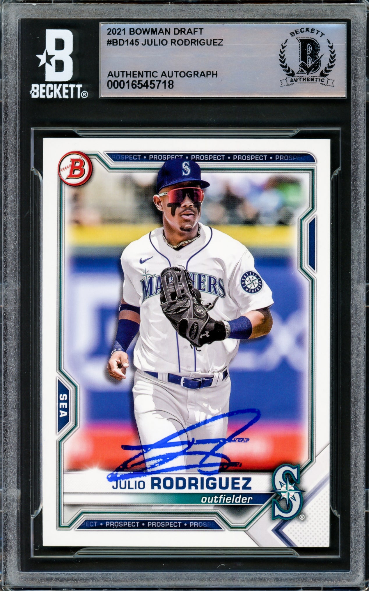 Julio Rodriguez Autographed 2021 Bowman Draft Card #BD145 Seattle Mariners Beckett BAS #16545718