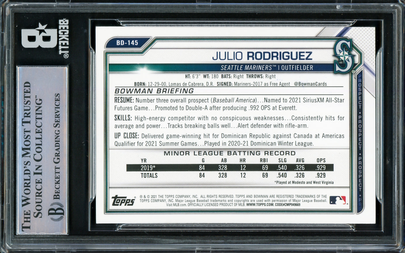 Julio Rodriguez Autographed 2021 Bowman Draft Card #BD145 Seattle Mariners Beckett BAS #16545718