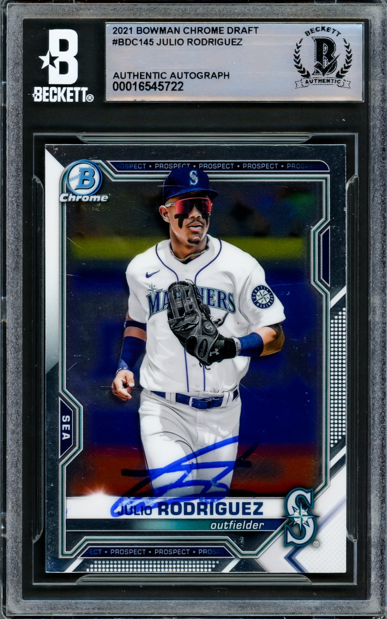 Julio Rodriguez Autographed 2021 Bowman Chrome Draft Card #BDC145 Seattle Mariners Beckett BAS #16545722