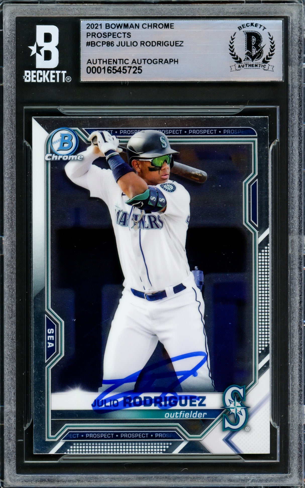 Julio Rodriguez Autographed 2021 Bowman Chrome Card #BCP86 Seattle Mariners Beckett BAS #16545725