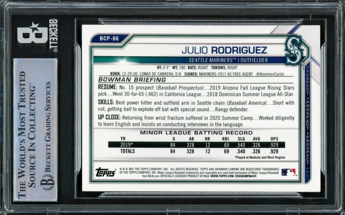 Julio Rodriguez Autographed 2021 Bowman Chrome Card #BCP86 Seattle Mariners Beckett BAS #16545725