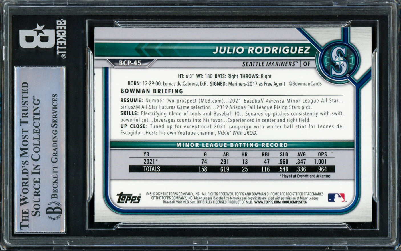 Julio Rodriguez Autographed 2022 Bowman Chrome Card #BCP45 Seattle Mariners Beckett BAS #16545730