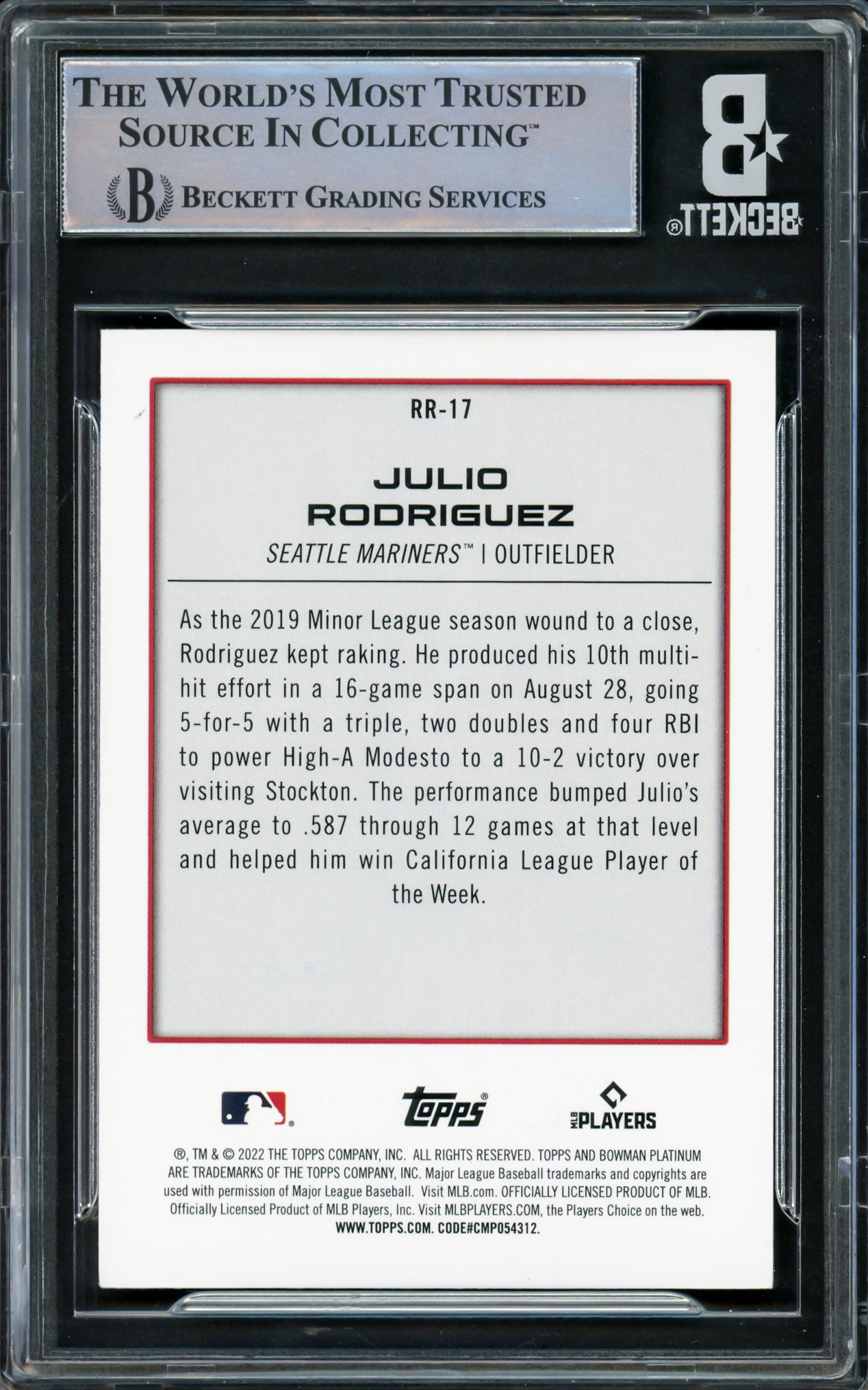 Julio Rodriguez Autographed 2022 Bowman Platinum Renowned Rookies Card #RR17 Seattle Mariners Beckett BAS #16545736