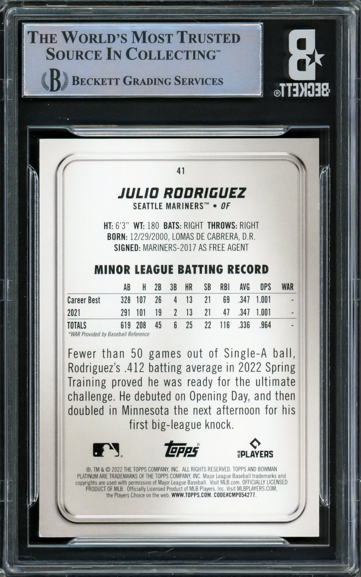 Julio Rodriguez Autographed 2022 Bowman Platinum Ice Foil Rookie Card #41 Seattle Mariners Beckett BAS #16545738