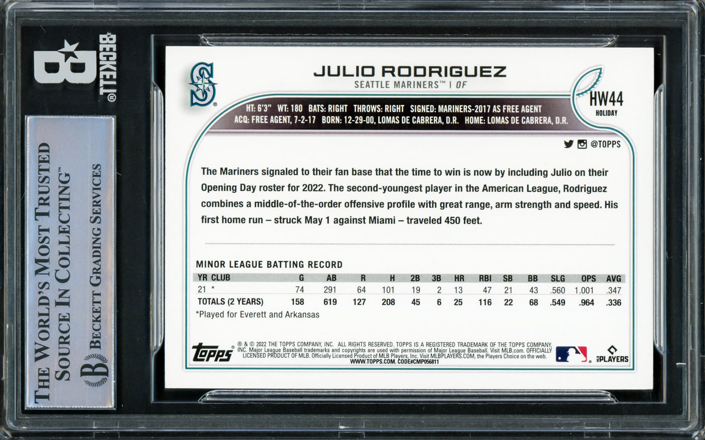 Julio Rodriguez Autographed 2022 Topps Holiday Rookie Card #HW44 Seattle Mariners Beckett BAS #16545777