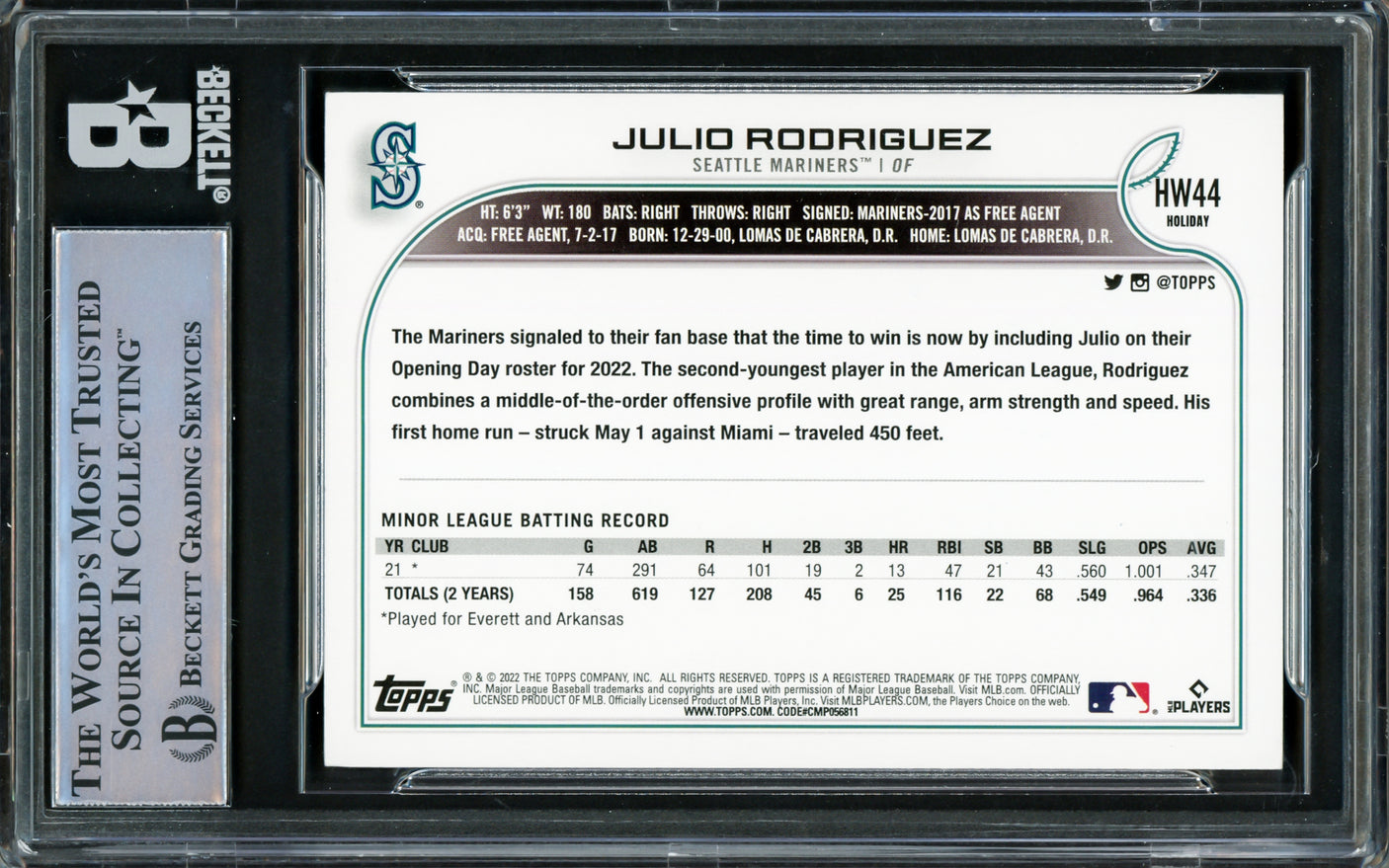 Julio Rodriguez Autographed 2022 Topps Holiday Rookie Card #HW44 Seattle Mariners Beckett BAS #16545781