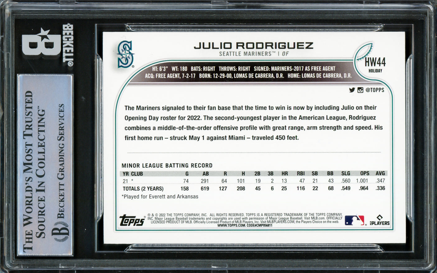 Julio Rodriguez Autographed 2022 Topps Holiday Rookie Card #HW44 Seattle Mariners Beckett BAS #16545782