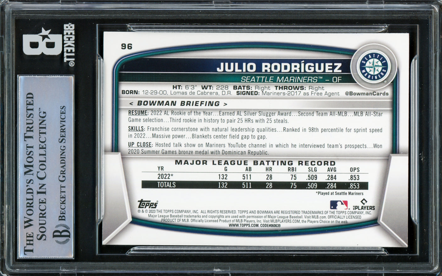 Julio Rodriguez Autographed 2023 Bowman Card #96 Seattle Mariners Beckett BAS #16545787