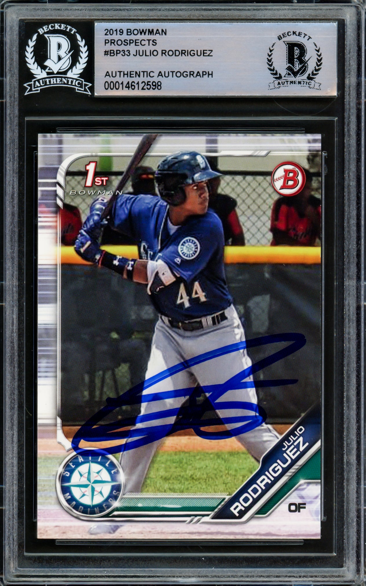 Julio Rodriguez Autographed 2019 Bowman Card #BP33 Seattle Mariners Beckett BAS #14612598