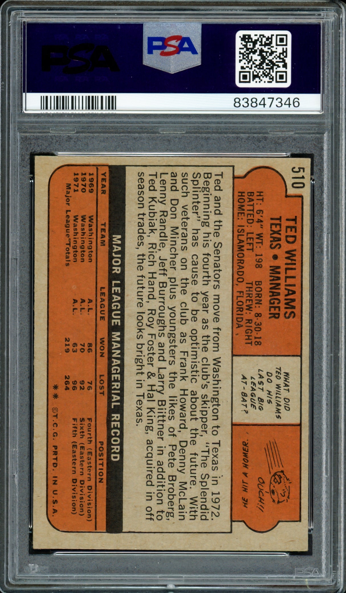 Ted Williams Autographed 1972 Topps Card #510 Texas Rangers PSA/DNA #83847346