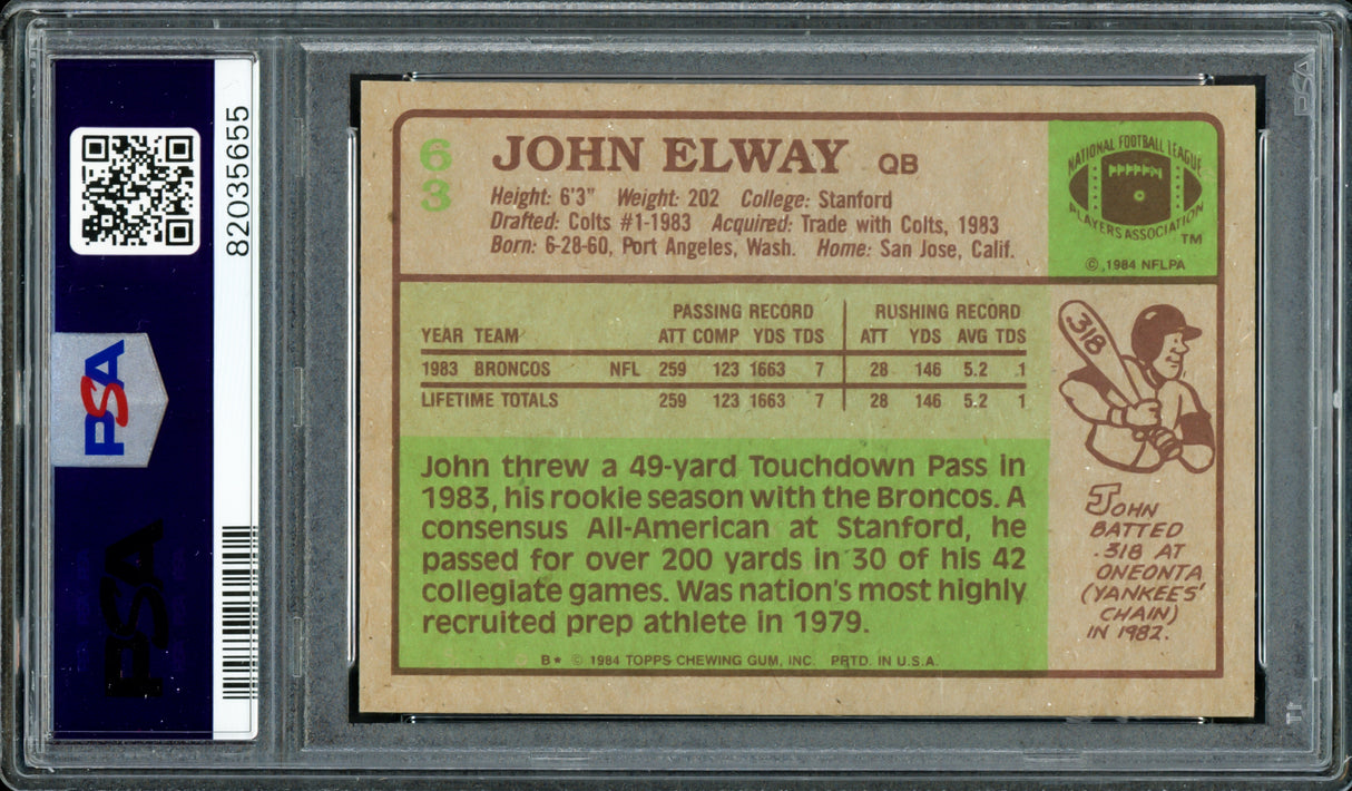 John Elway Autographed 1984 Topps Rookie Card #63 Denver Broncos PSA 7 Auto Grade Gem Mint 10 PSA/DNA #82035655