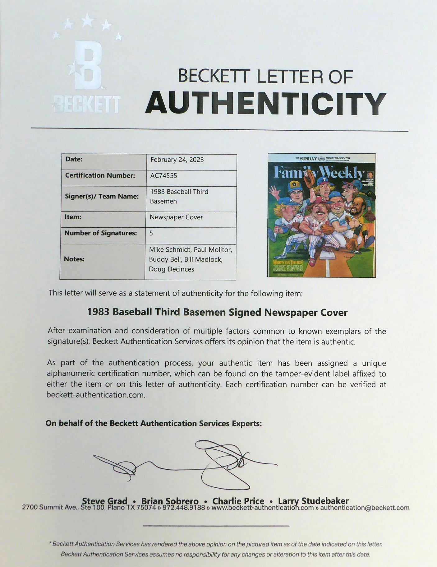 1983 Family Weekly Baseball Third Baseman Magazine Cover With 5 Signatures Including Mike Schmidt Autographed Beckett BAS QR #AC74555