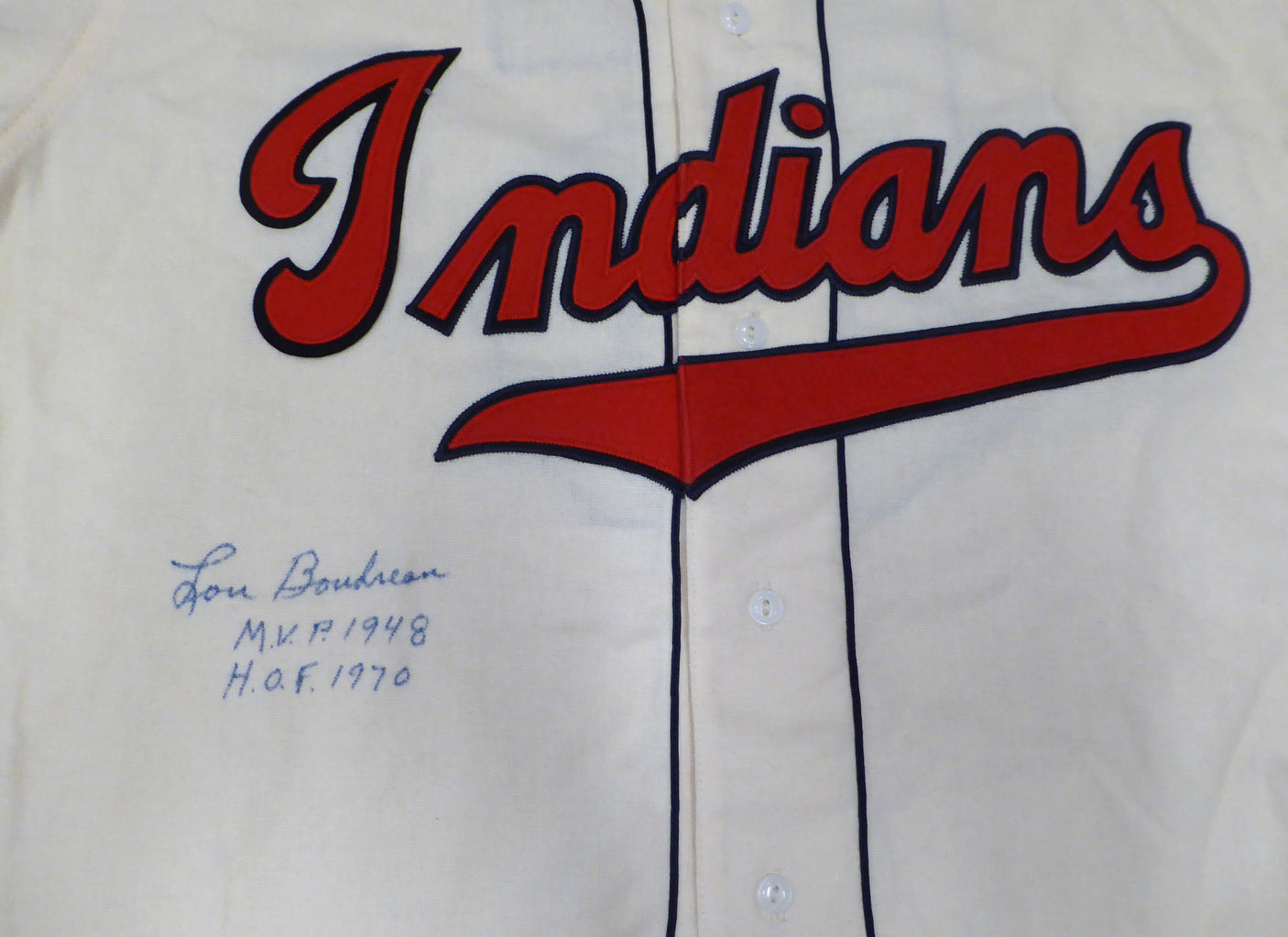 Cleveland Indians Lou Boudreau Autographed Cream Authentic Mitchell & Ness Jersey "MVP 1948, HOF 1970" JSA #XX71924