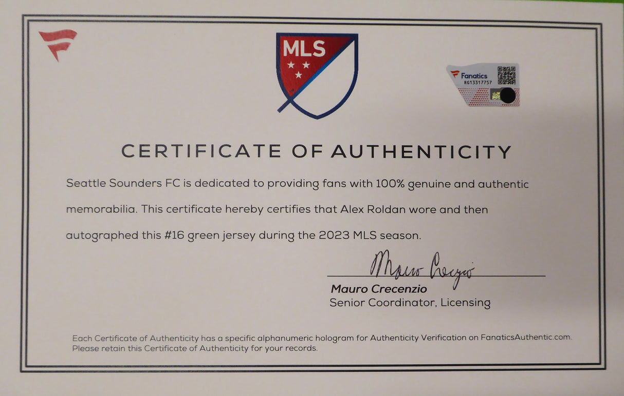 Seattle Sounders Alex Roldan Autographed 2023 Season Match Used Authentic Adidas Green Jersey Fanatics #RG13317757