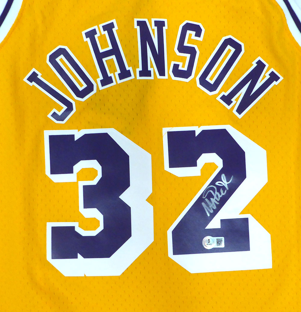 Los Angeles Lakers Magic Johnson Autographed Yellow Mitchell & Ness Jersey Beckett BAS QR #4W062357